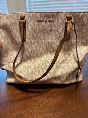 Michael Kors Light Beige Signature MK Tote with Tan Straps